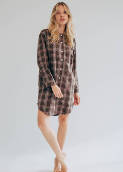 Camisão Manga Longa Flanela de Algodão - Xadrez Cacau