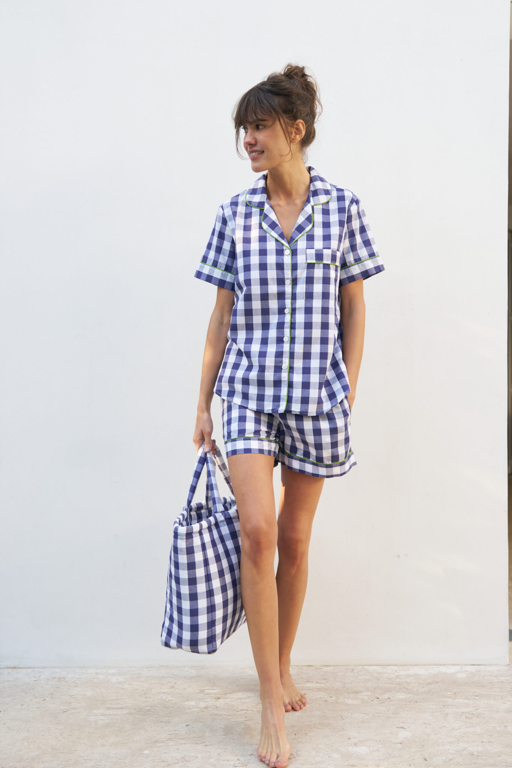 Pijama curto em algodão, vichy marinho