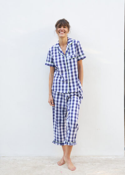 Pijama cropped em algodão, vichy marinho