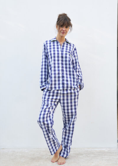 Pijama longo de algodão, vichy marinho