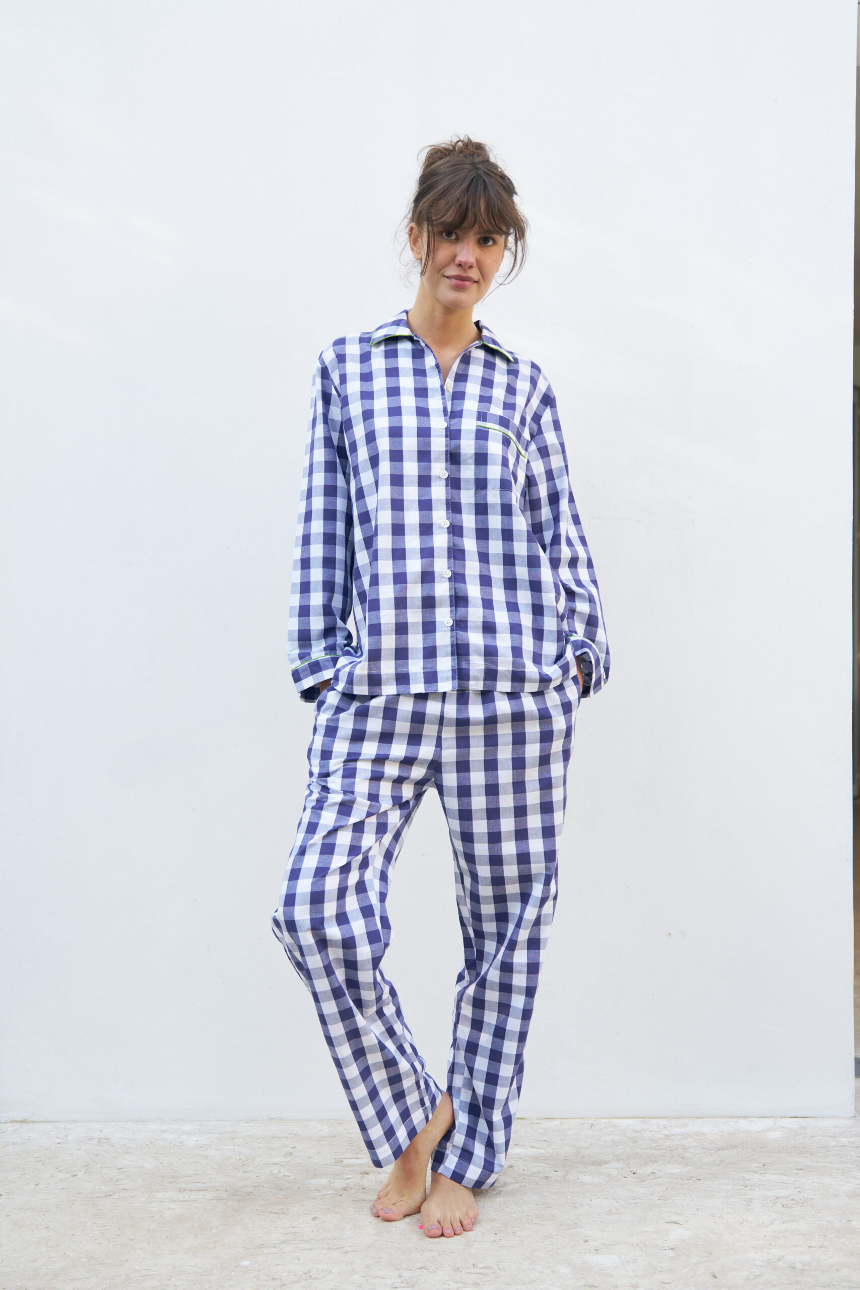 Pijama longo de algodão, vichy marinho