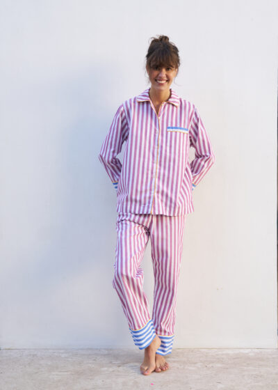 Pijama longo comfy de algodão, listrado colorido